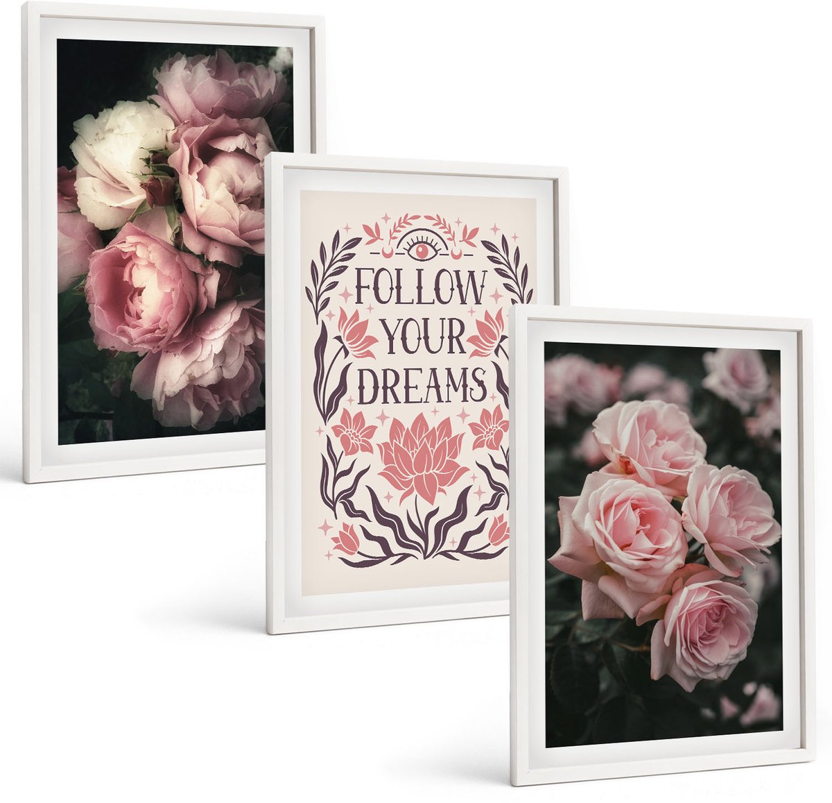 Wallfluent 3-Delige Schilderij Set - Vintage Rozen Met De Inscriptie 'Over Dromen'. - 40 x 60 - Wanddecoratie - Moderne Interieurdecoratie - Woonkamer Decoratie