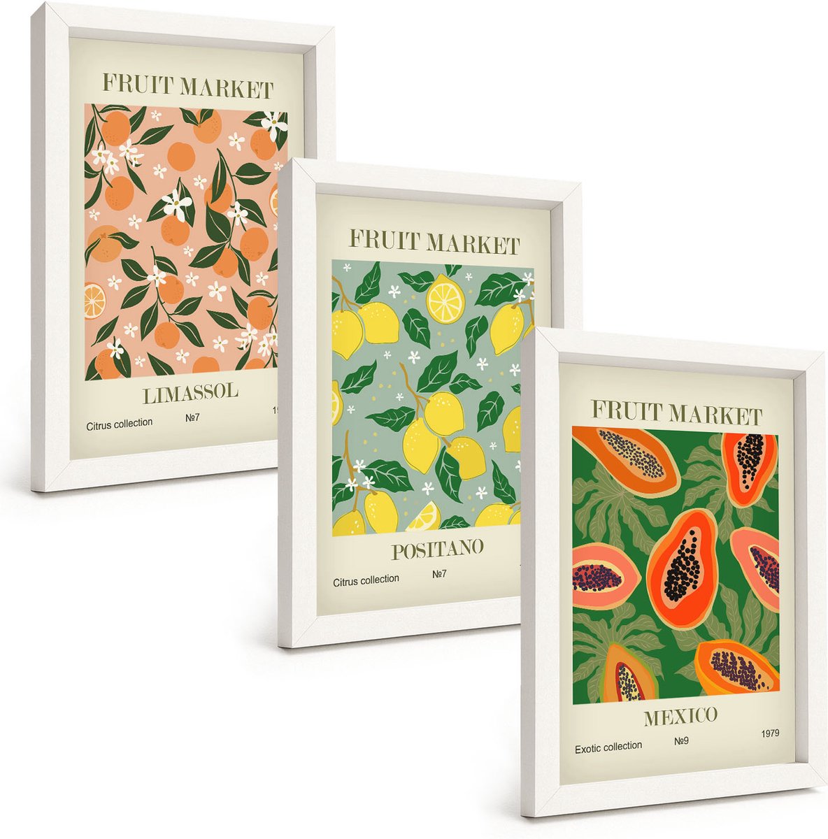 Wallfluent 3-Delige Schilderij Set - Citrus- En Tropische Vruchten In Retrostijl - 20 x 30 - Moderne Wanddecoratie - Slaapkamer - Muurdecoratie