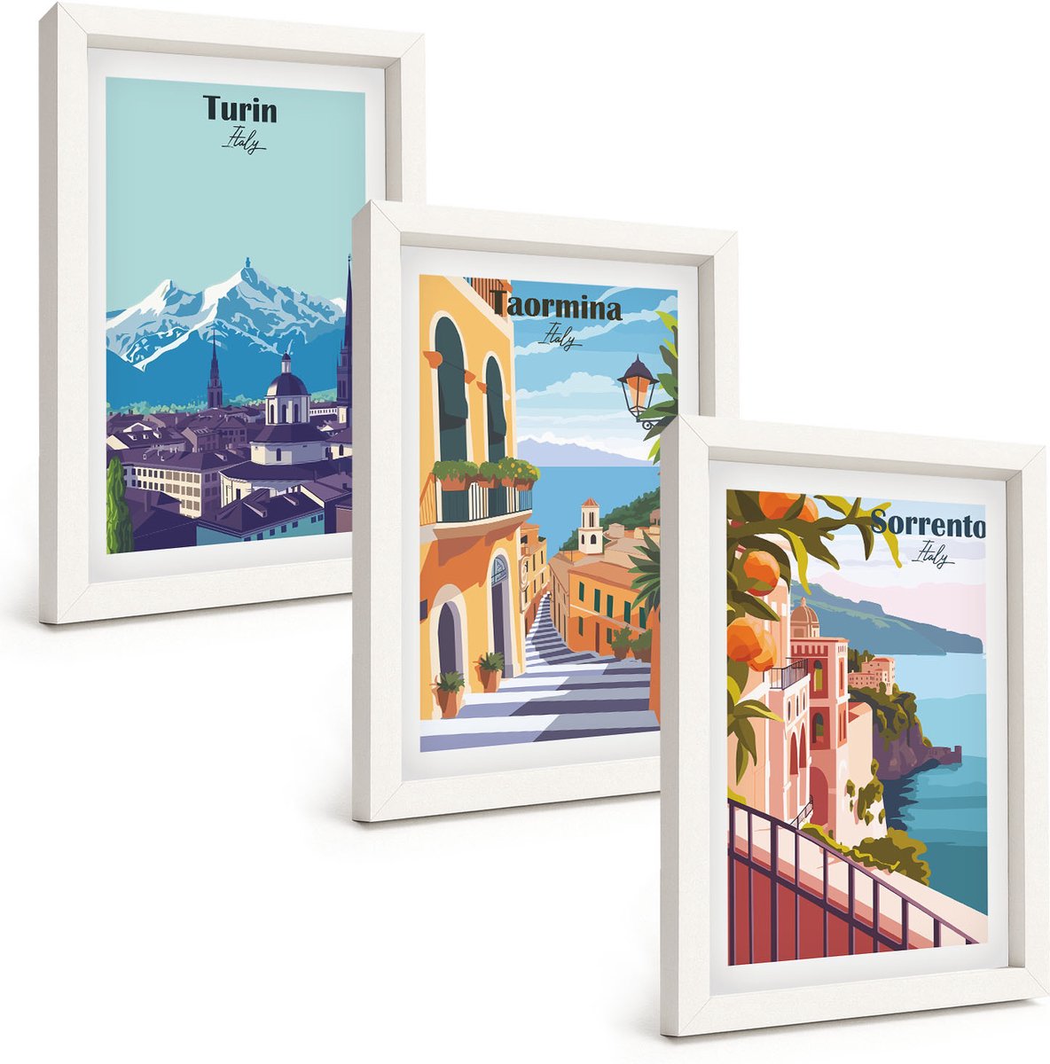 Wallfluent 3-Delige Schilderij Set - Kleurrijke, Illustratieve Stadsgezichten In Retrostijl - 20 x 30 - Stijlvolle Muurdecoratie - Kantoor - Interieur Decoratie