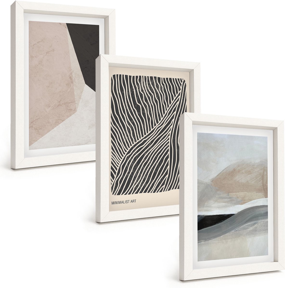 Wallfluent 3-Delige Schilderij Set - Abstracte Patronen In Beige En Grijze Tinten. - 20 x 30 - Schilderijen Set - Wanddecoratie - Woonkamer