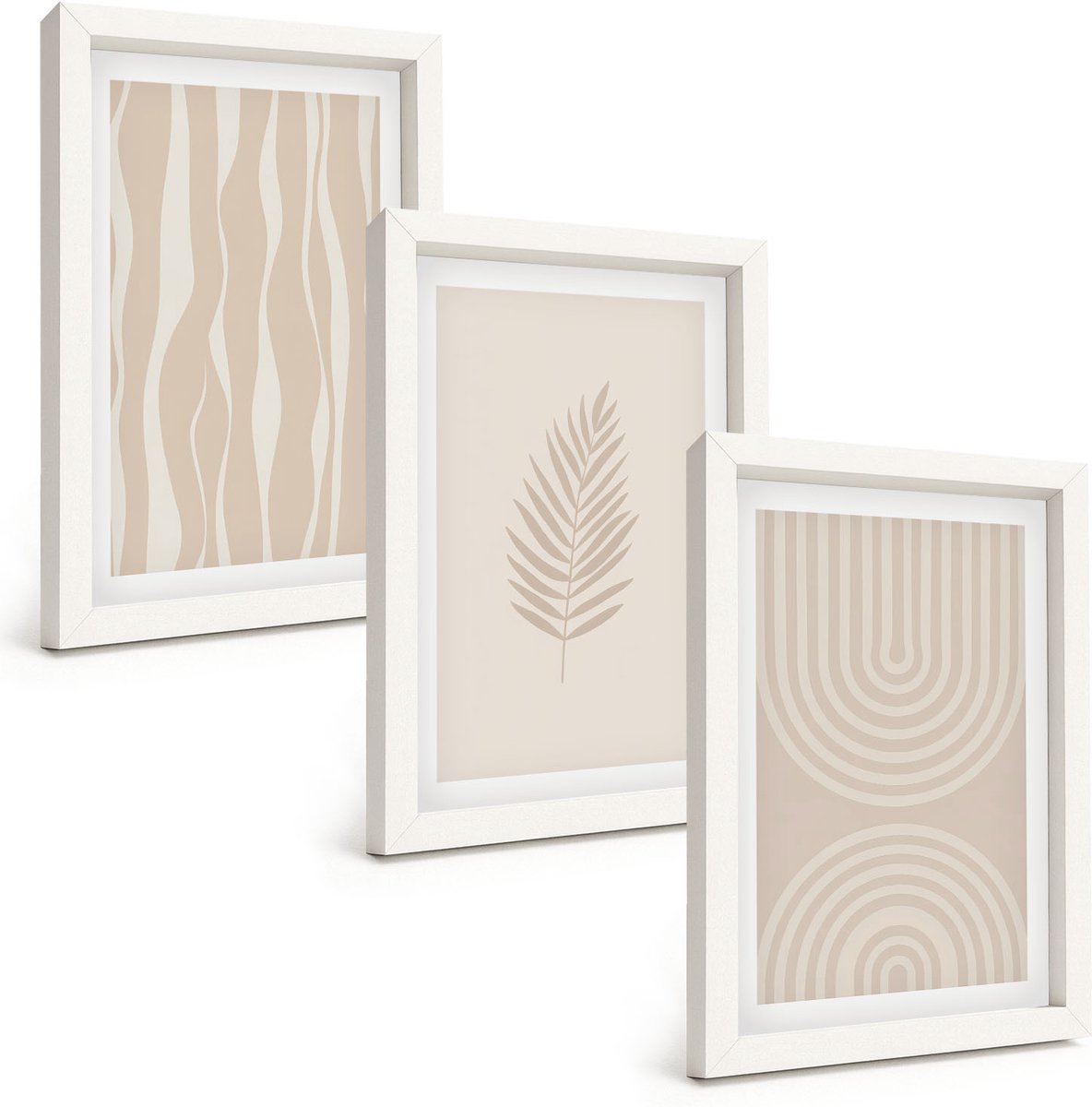 Wallfluent 3-Delige Schilderij Set - Patronen In Beigetinten Met Plantmotieven - 20 x 30 - Stijlvolle Muurdecoratie - Slaapkamer - Wanddecoratie