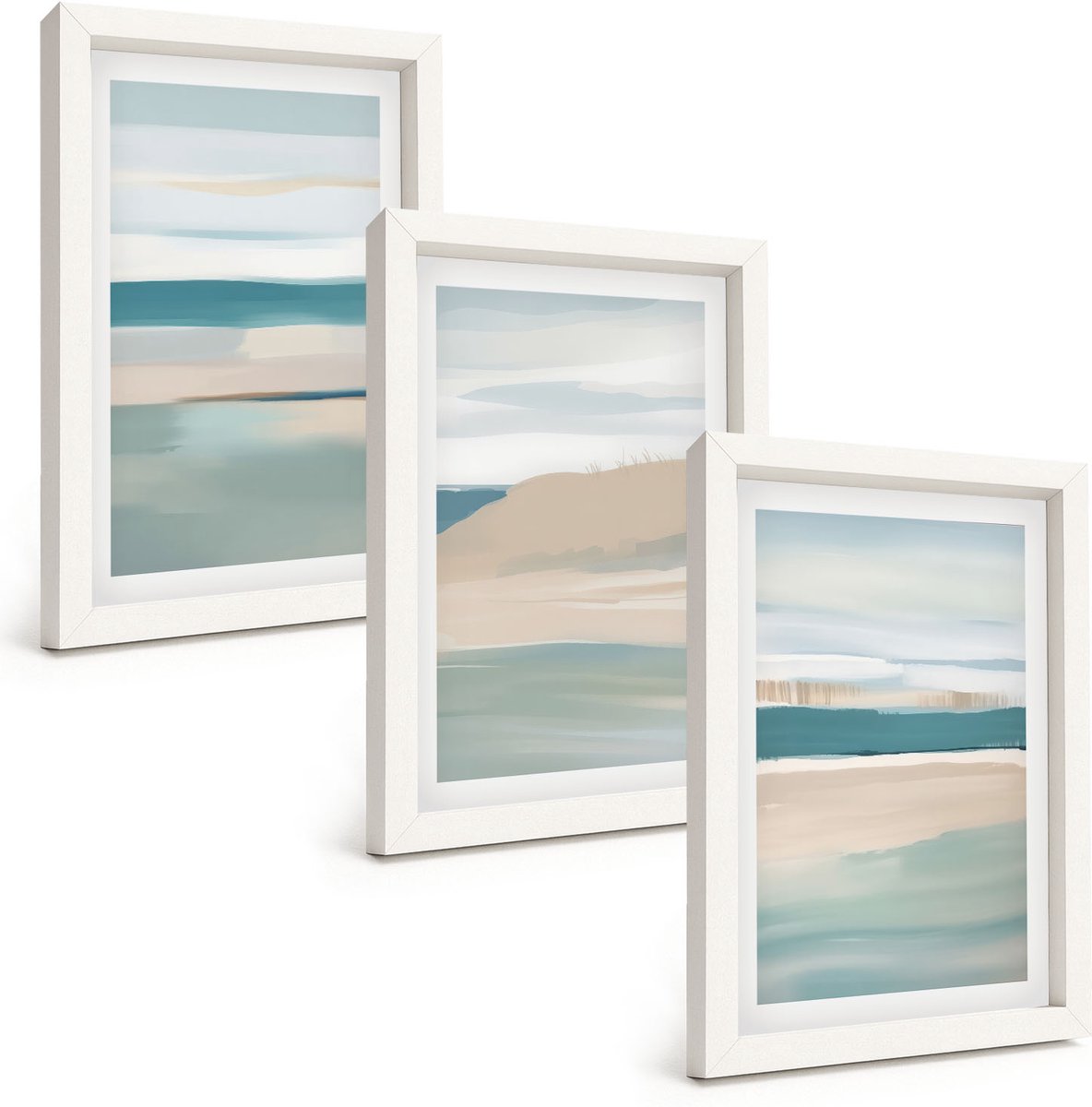 Wallfluent 3-Delige Schilderij Set - Abstracte Landschappen In Tinten Blauw En Beige. - 20 x 30 - Muurdecoratie - Schilderijen Set - Woonkamer - Decoratieve Schilderijen