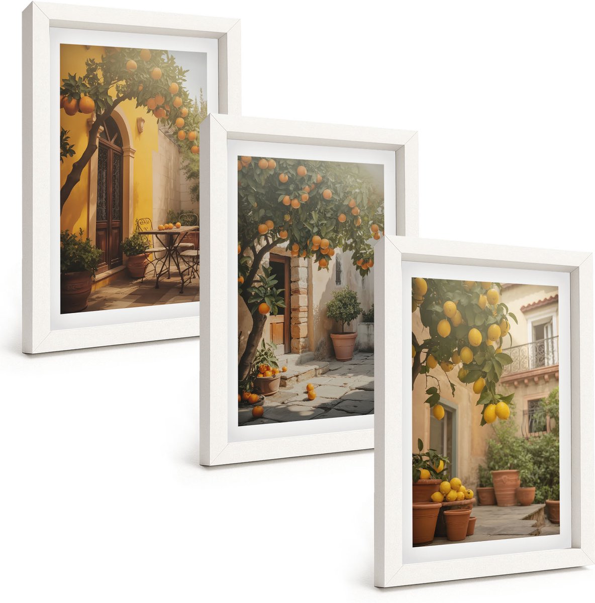 Wallfluent 3-Delige Schilderij Set - Zonnig Terras Met Citrusbomen En Potten. - 20 x 30 - Wanddecoratie - Moderne Interieurdecoratie - Muurdecoratie