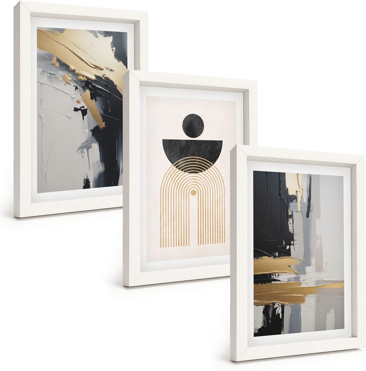 Wallfluent 3-Delige Schilderij Set - Geometrische Abstracte Elegante Compositie - 20 x 30 - Muurdecoratie - Interieur Decoratie - Decoratieve Schilderijen
