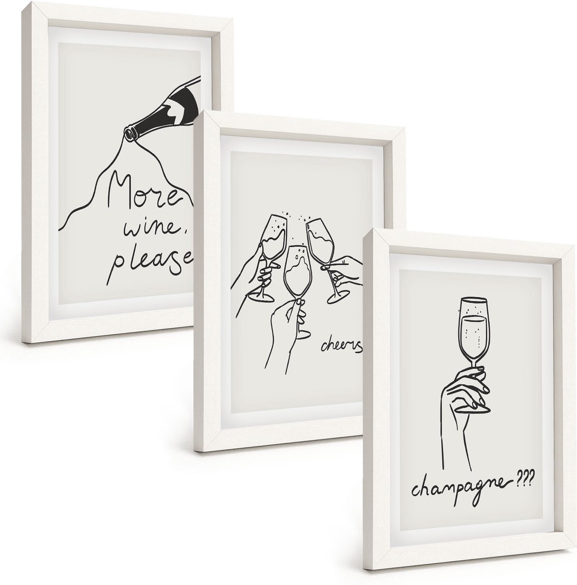 Wallfluent 3-Delige Schilderij Set - Vrolijke Momenten Met Wijn En Champagne - Lijntekening - 20 x 30 - Muurdecoratie - Wanddecoratie - Hal