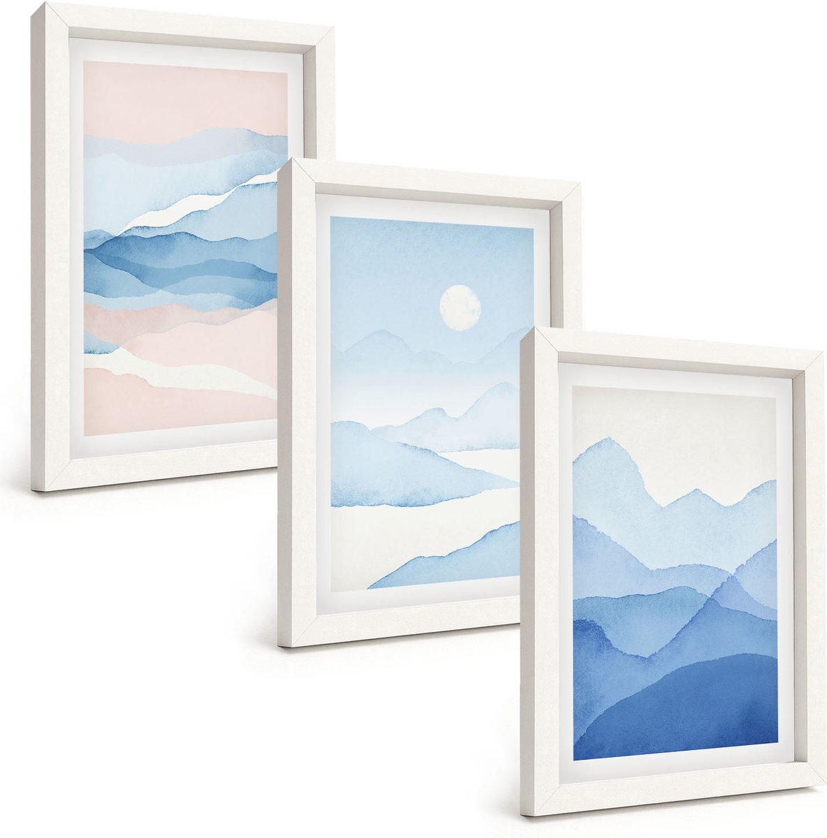 Wallfluent 3-Delige Schilderij Set - Blauwe En Roze Berglandschappen In Aquarel - 20 x 30 - Stijlvolle Muurdecoratie - Slaapkamer - Moderne Wanddecoratie
