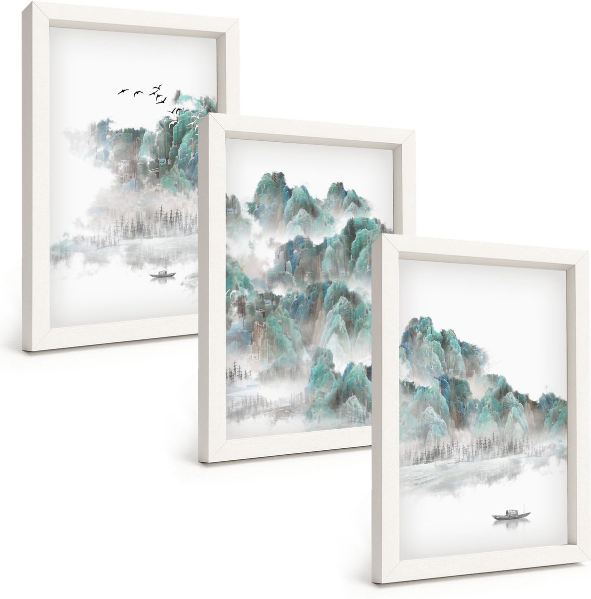 Wallfluent 3-Delige Schilderij Set - Bergen In De Wolken Met Vogels En Een Boot Op Het Water. Japandi - 20 x 30 - Muurdecoratie - Schilderijen Set - Woonkamer - Woonkamer Decoratie