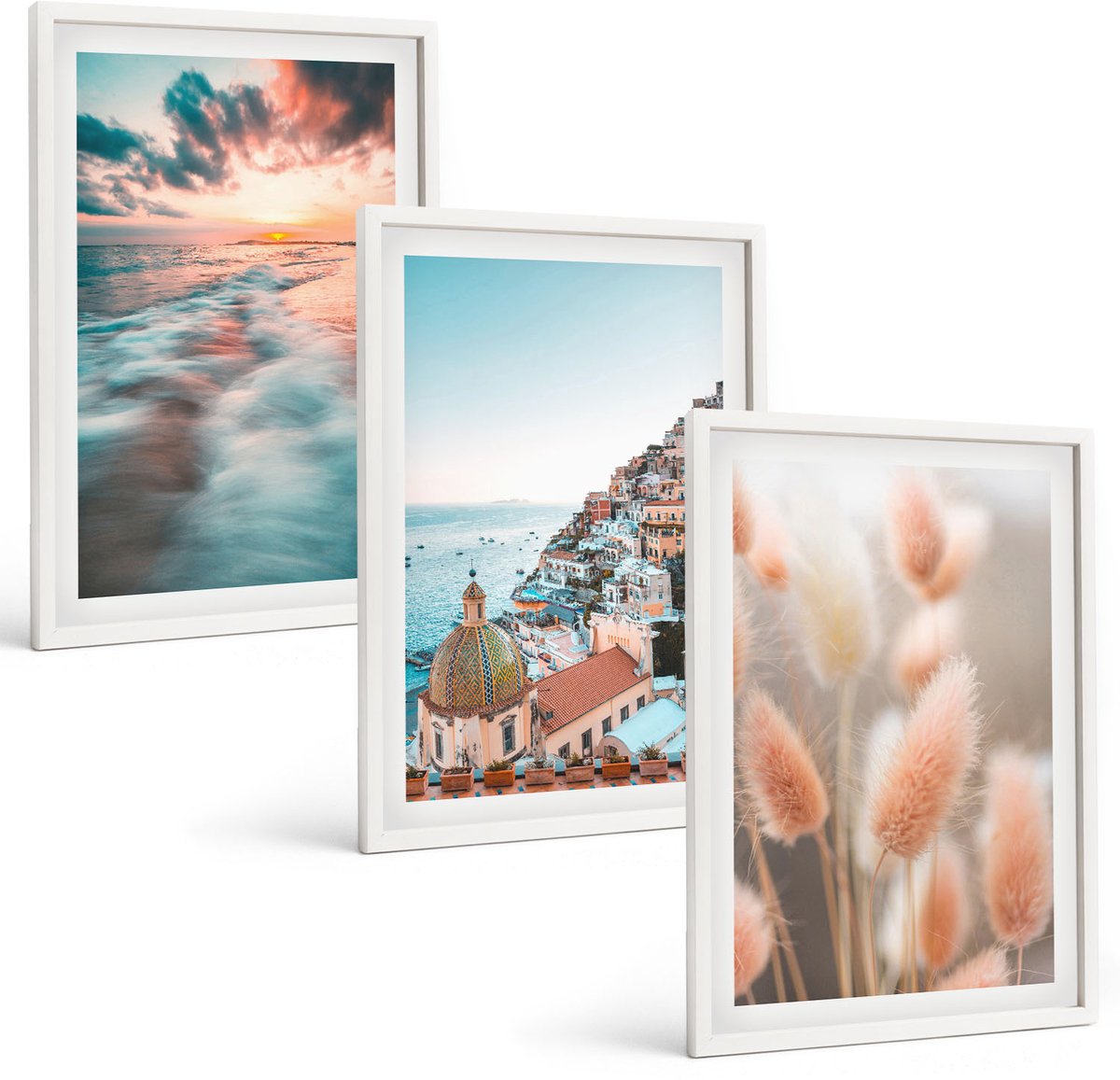 Wallfluent 3-Delige Schilderij Set - Uitzicht Op Zee, Zonsondergang, Kleurrijke Huizen, Bloemen - 40 x 60 - Decoratieve Schilderijen - Wanddecoratie - Hal - Moderne Wanddecoratie