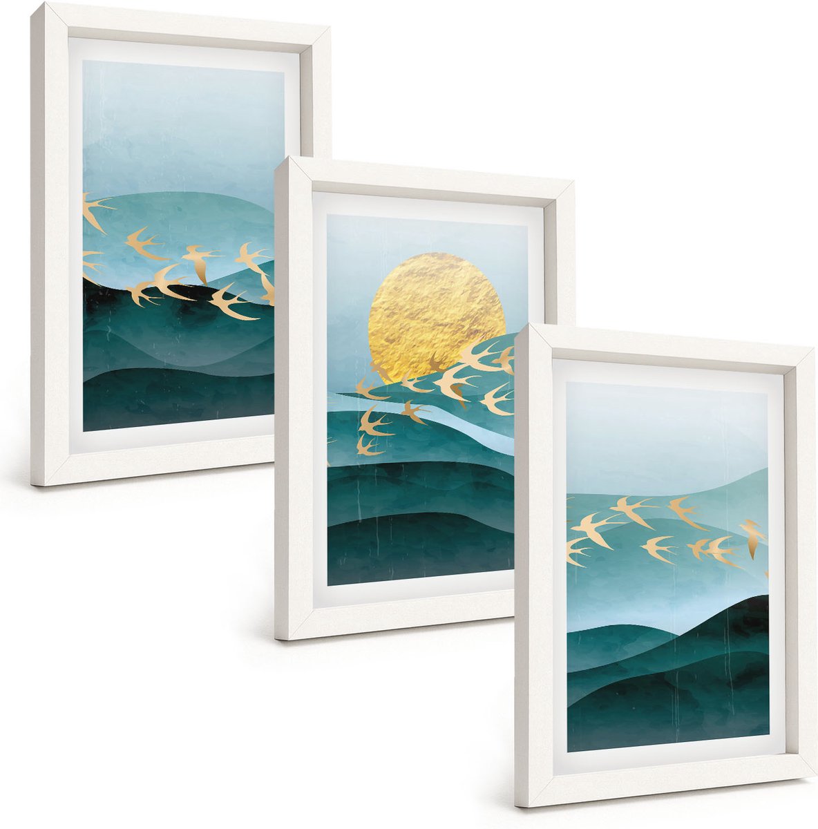 Wallfluent 3-Delige Schilderij Set - Abstracte Landschappen Met Zonnestralen En Vliegende Vogels - 20 x 30 - Decoratieve Muurdecoratie - Slaapkamer - Wanddecoratie