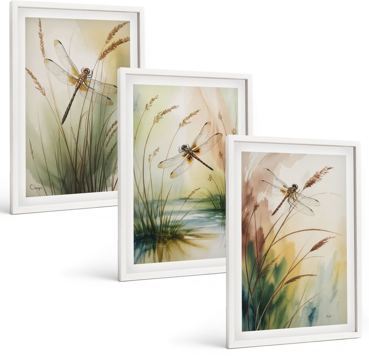 Wallfluent 3-Delige Schilderij Set - Libellen Tussen Het Gras Bij Het Water In Een Schilderachtige Stijl. - 40 x 60 - Muurdecoratie - Decoratieve Schilderijen - Wohnzimmer - Interieur Decoratie