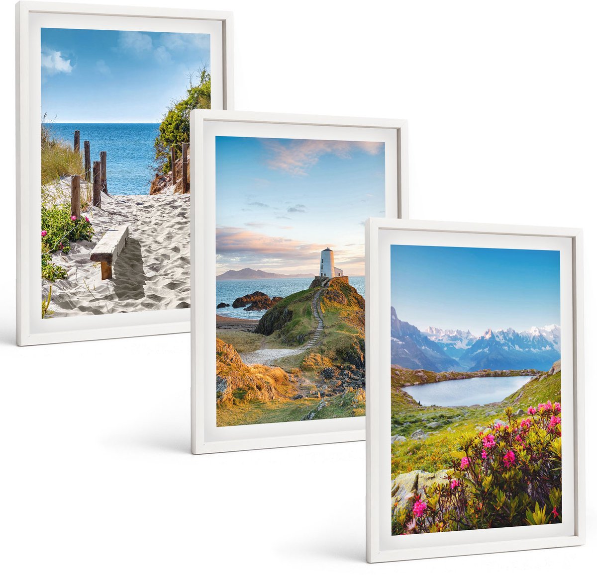 Wallfluent 3-Delige Schilderij Set - Uitzicht Op De Vuurtoren, Het Strand, De Bergen En De Bloemen. - 40 x 60 - Wanddecoratie - Muurdecoratie - Moderne Interieurdecoratie - Interieur Decoratie