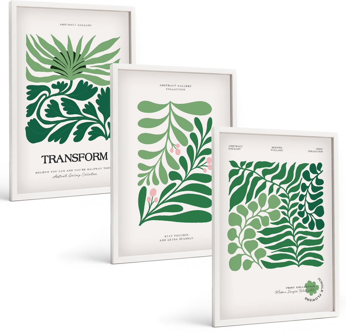 Wallfluent 3-Delige Schilderij Set - Set Van Groene Bladeren En Planten In Verschillende Vormen. - 40 x 60 - Decoratieve Schilderijen - Woonkamer - Interieur - Moderne Wanddecoratie