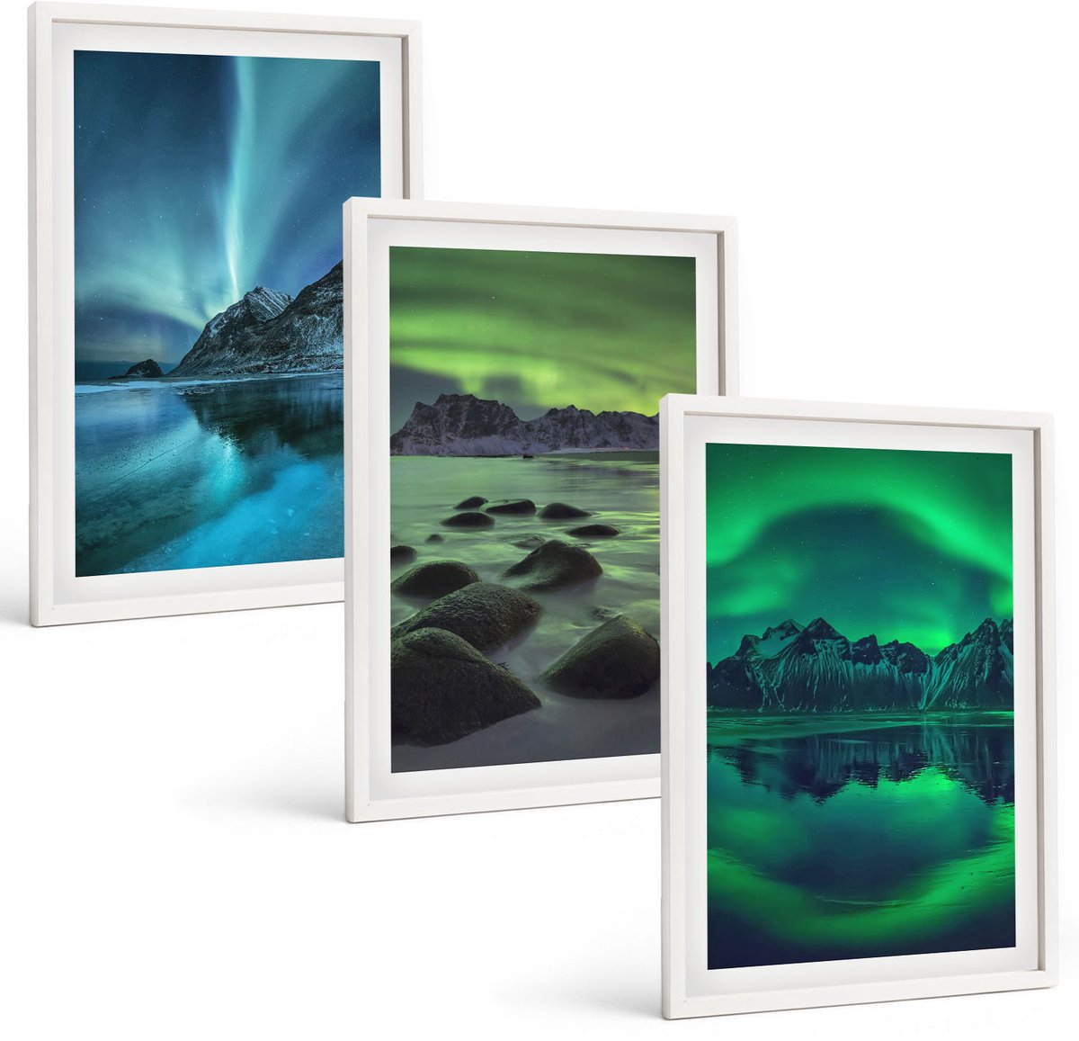 Wallfluent 3-Delige Schilderij Set - Winterlandschap Met Noorderlicht En Bergen - 40 x 60 - Wanddecoratie - Moderne Interieurdecoratie - Muurdecoratie