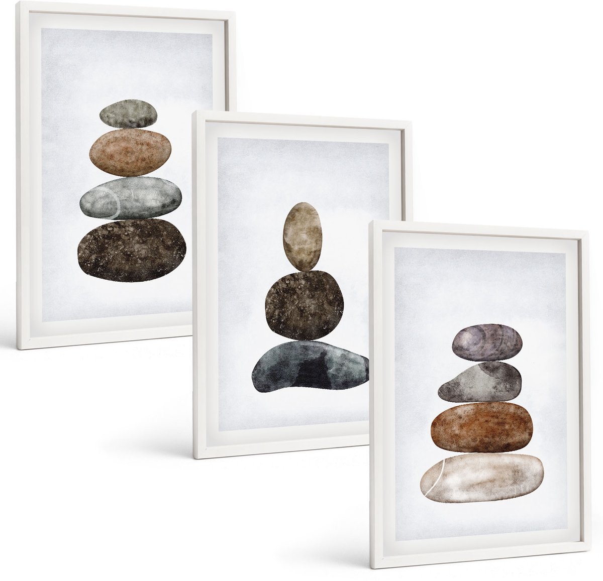 Wallfluent 3-Delige Schilderij Set - Minimalistisch Boho-Schilderij Van Steenstapels - 40 x 60 - Decoratieve Schilderijen - Woonkamer - Interieur - Wanddecoratie