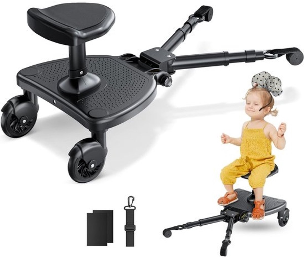 Buggyboard met hoge comfortstoel en voetplank voor kinderwagens - universele pasvorm, non-slip oppervlak, max 25 kg - 2-in-1 multifunctionele kiddyboard voor kinderen 2-6 jaar