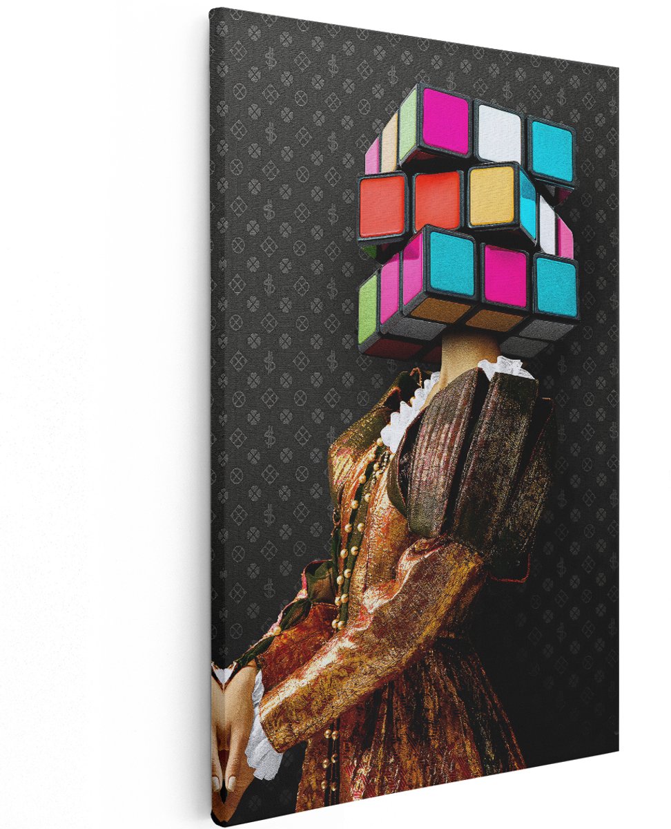 Artaza Canvas Schilderij Pop Art Portret - 120x180 cm - Groot - Wanddecoratie Modern - Muurdecoratie Rubiks Kubus - Decoratie Kleurrijk Schilderij