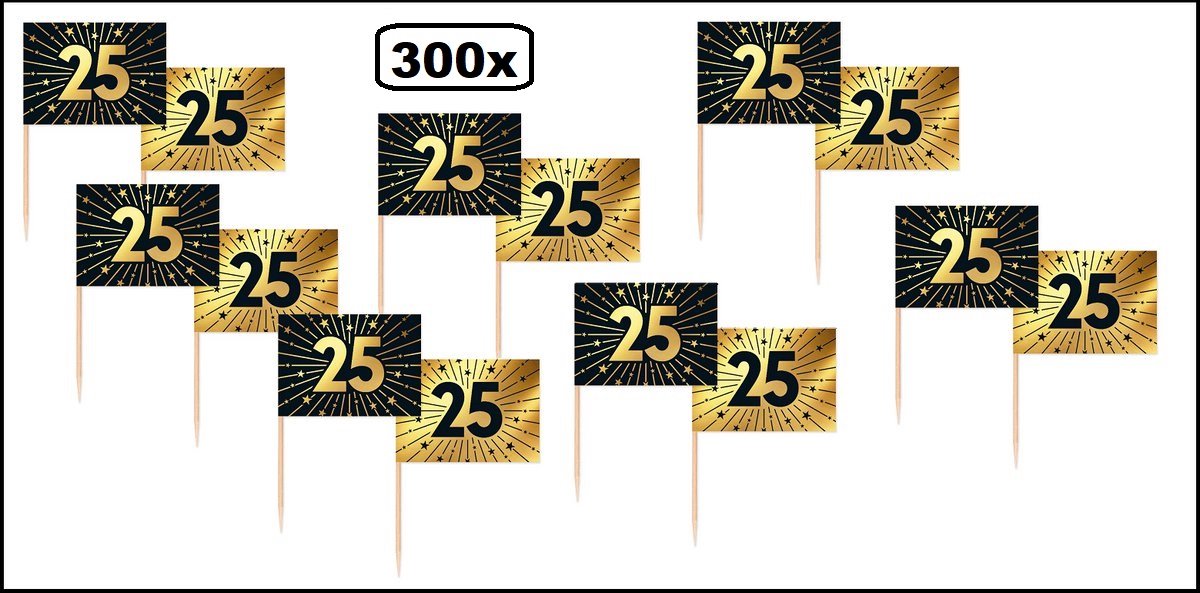 300 stuks Luxe Cocktailprikkers 25 jaar goud/zwart - Vlag prikker Jubileum verjaardag thema feest bruiloft cocktail prikker