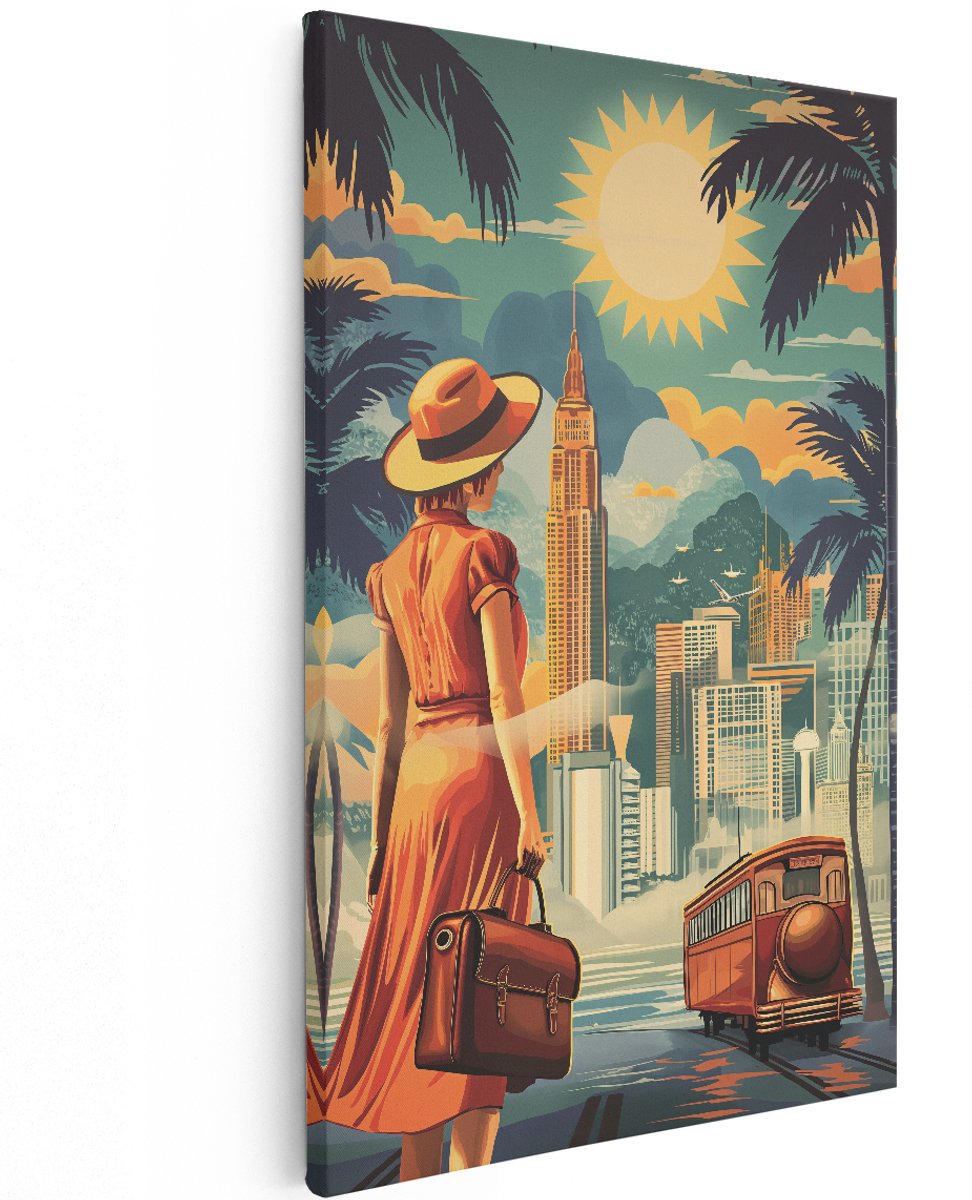 Artaza Canvas Schilderij Vintage Vrouw Met Hoed - 120x180 cm - Groot - Wanddecoratie Retro Stad - Muurdecoratie Skyline - Decoratie Art Deco Woonkamer