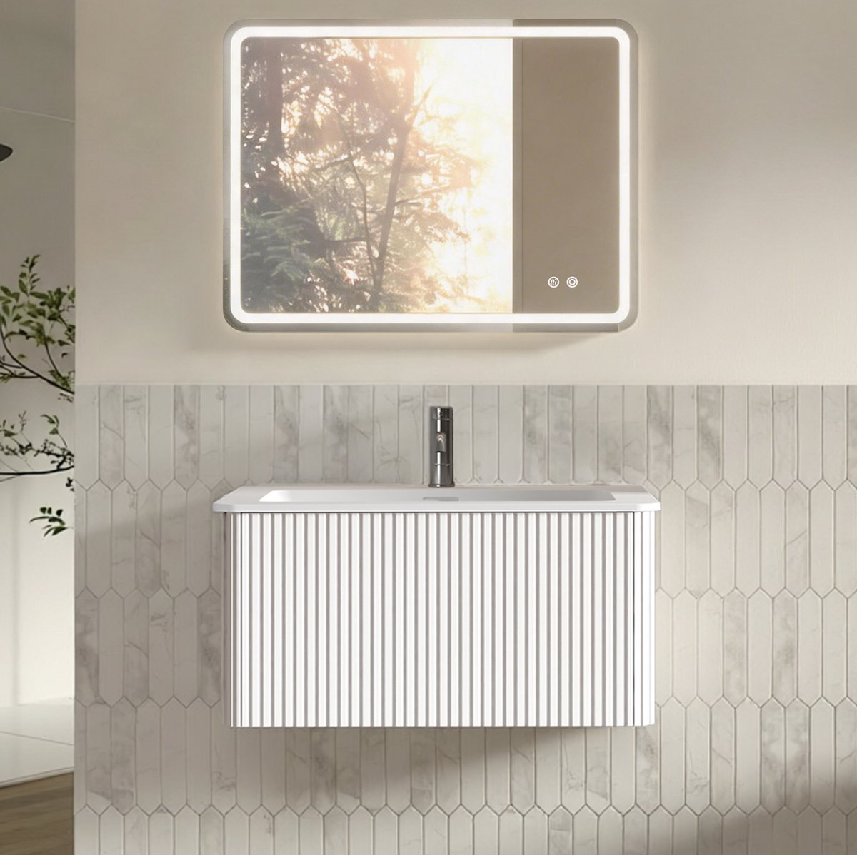 STILVORA Badkamerkast - Zwevend Badmeubel Met Wastafel, Lade En Ledspiegel - Voor Kleine Badkamer - Hout En Glas - Wit - 80 Cm