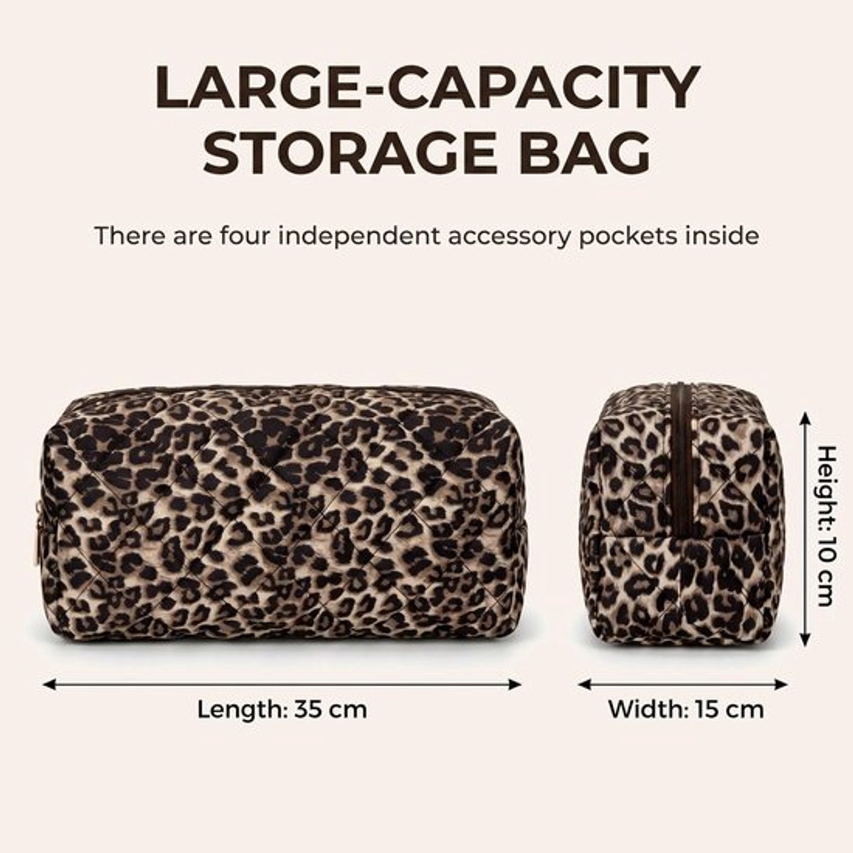 Namajunas - Toilettas voor dames - Reistas voor föhn - Organizer voor Dyson Airwrap en Airstrait - Grote toilettas - Reisorganizer voor föhn en haarstylingaccessoires - 100% katoen - 35 x 15 x 10 cm - Luipaardprint, geruite stiksels, met vakjes thumbnail 4