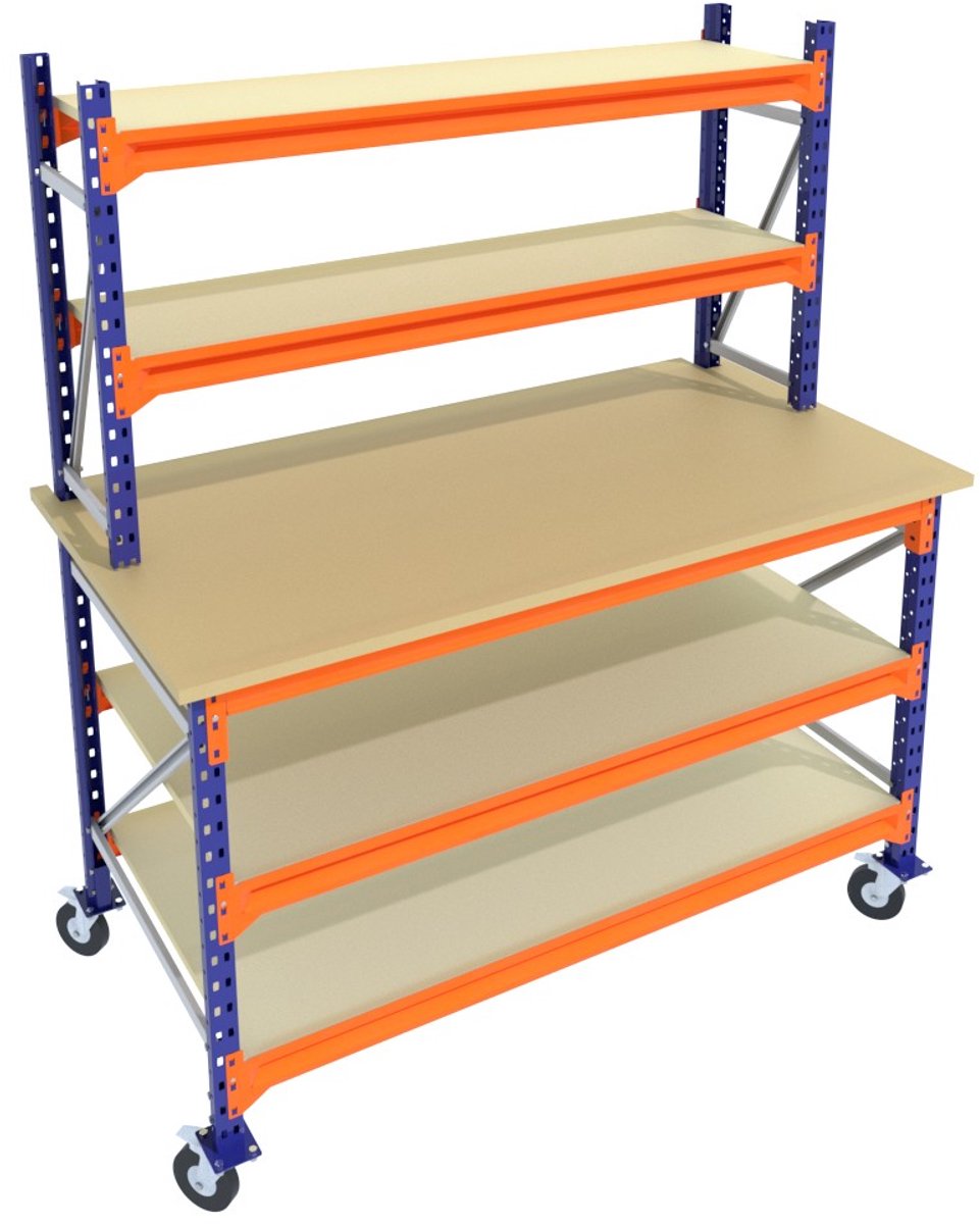 Werkbank of Inpaktafel op wielen met opbouw Blauw 135cmx105cm - 3 niveaus (multiplex, 2 opbouw, zwarte wielen)