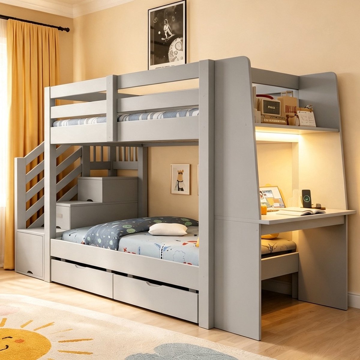KOMHTOM Stapelbed voor kinderen, 90 x 200 cm, houten frame met ladder, geïntegreerd bureau, LED-verlichtingsstrip, stopcontact en lades. Geschikt voor tieners en volwassenen. Grijs.