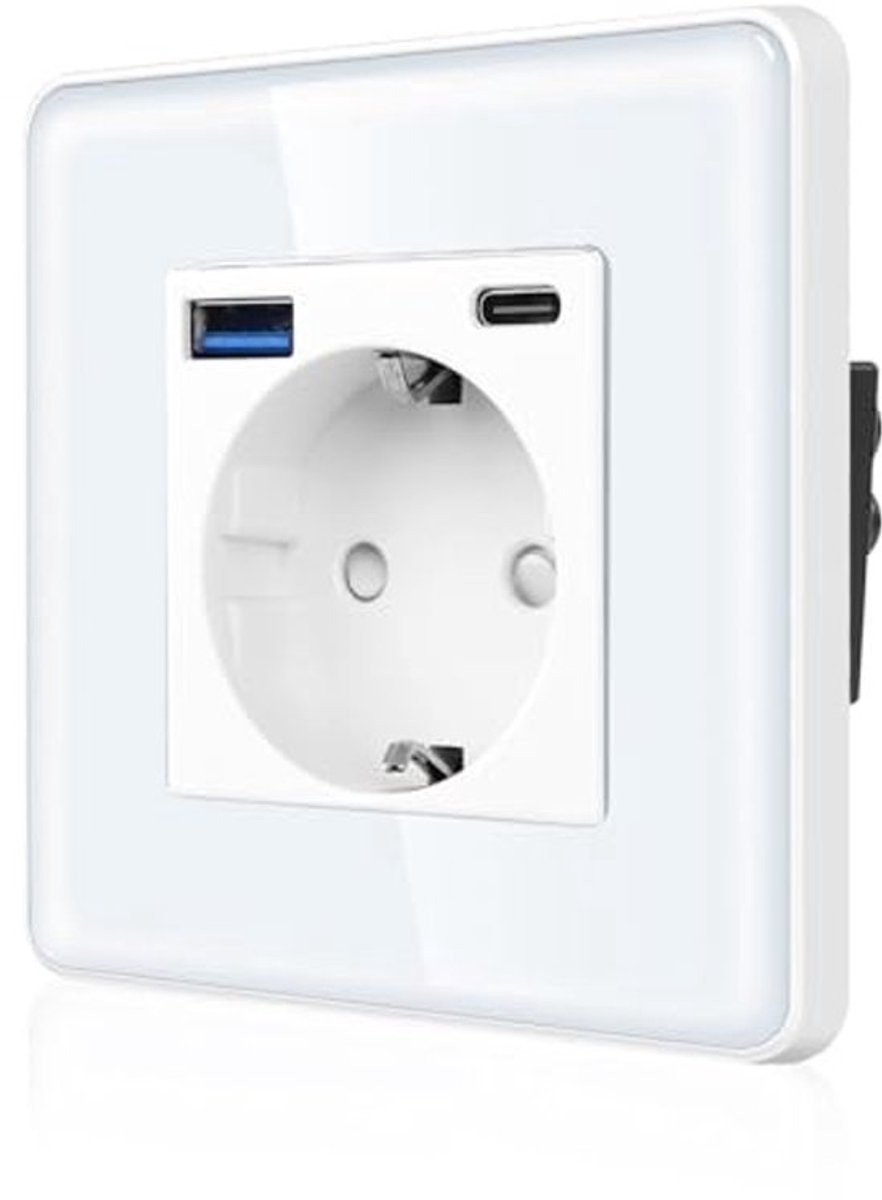 Enkel stopcontact met 2 USB-poorten en kinderbeveiliging - Wandcontactdoos met 2,5D gebogen glazen plaat