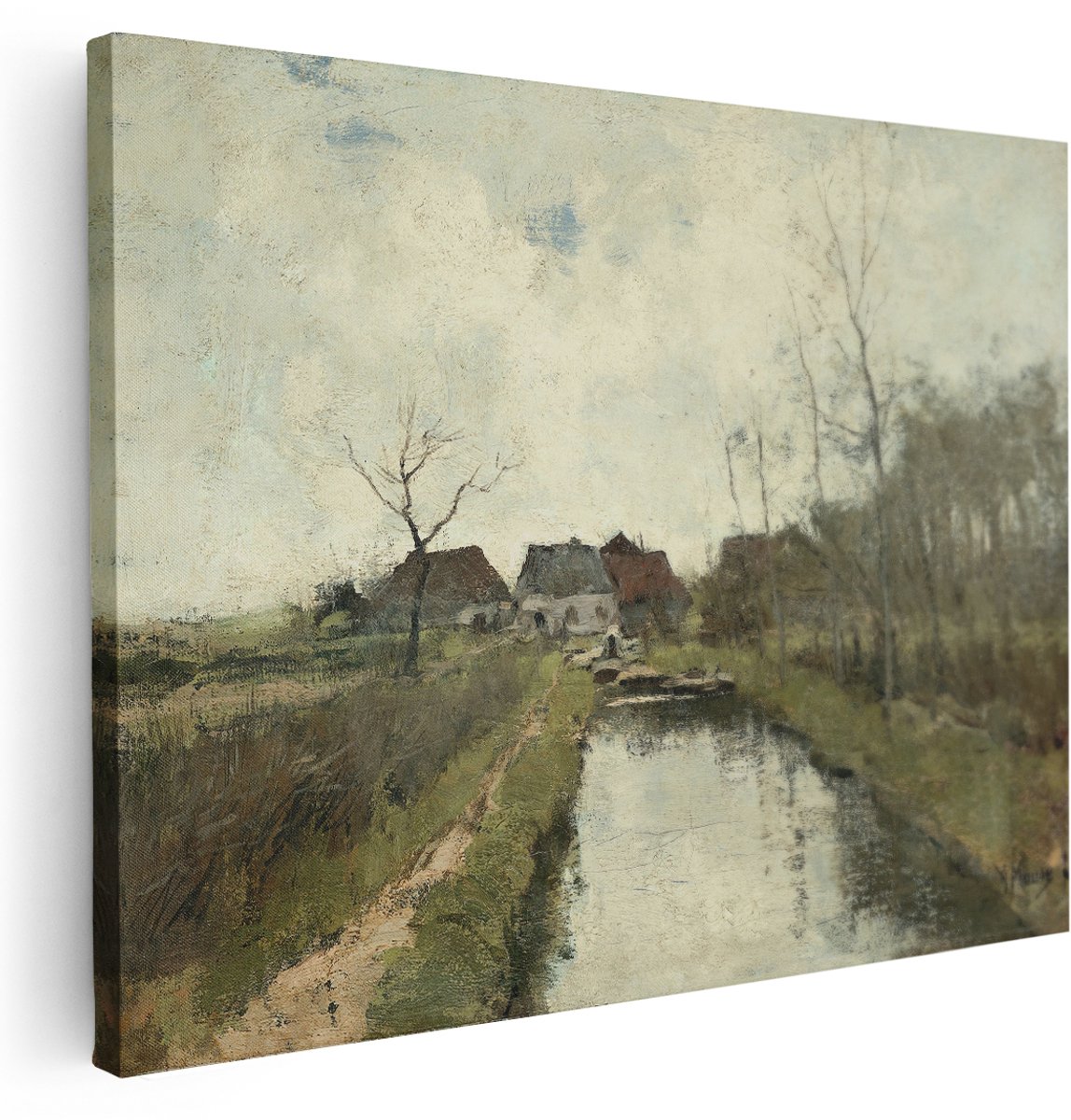 Artaza Canvas Schilderij Huisje aan een Sloot - Anton Mauve - 160x120 cm - Groot - Poster Foto op Canvas - Canvas Print
