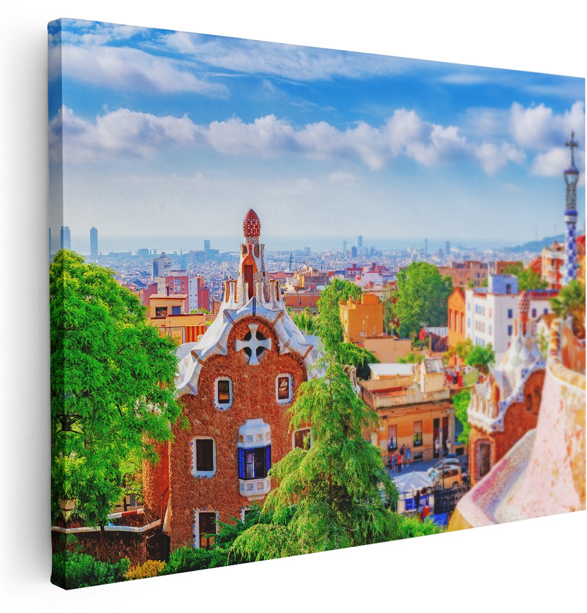 Artaza Canvas Schilderij Park Güell in Barcelona - Kleurrijk - 160x120 cm - Groot - Wanddecoratie Woonkamer - Schilderijen - Muurdecoratie