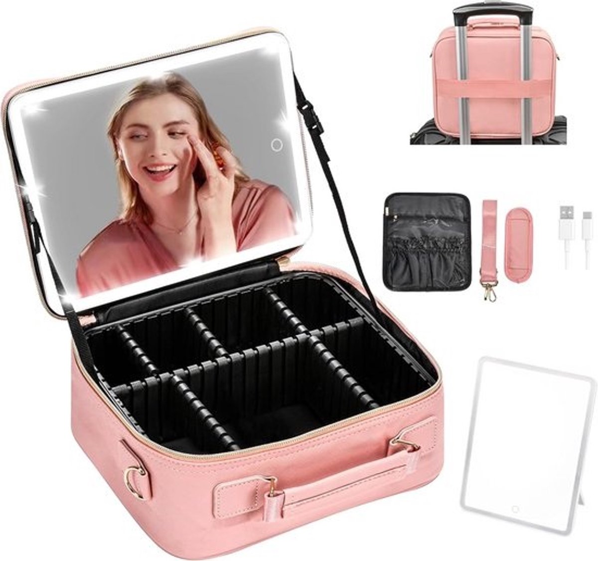 Draagbare Make-up Tas met Oplaadbare LED Spiegel en Verstelbare Houders