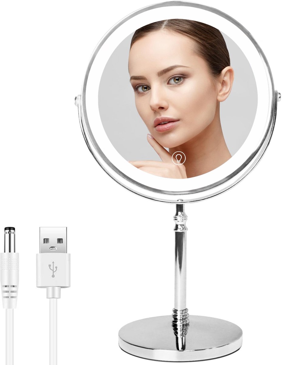 Dubbelzijdige Make-upspiegel - Verlicht met 1X/10X Vergroting - 3 Instelbare Lichtkleuren - Dimbare Helderheid - USB Oplaadbaar - voor Badkamer - Zilver