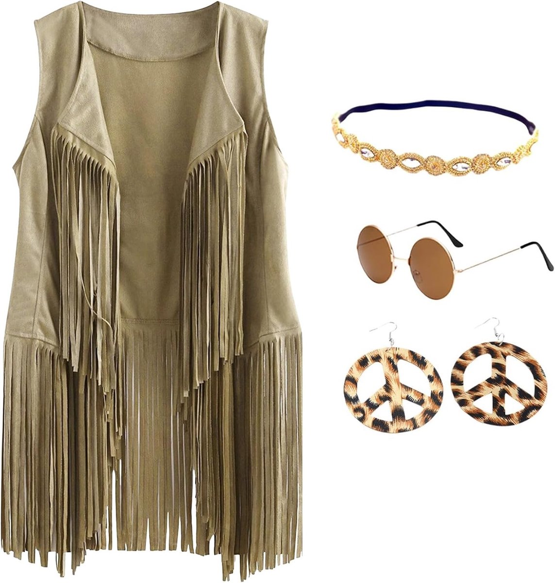 Fringe Cardigan voor Dames in 70s Stijl - Mouwloos Vest voor Carnaval en Disco Outfit met Suede Afwerking, Oorbellen, Hoofdband en Zonnebril
