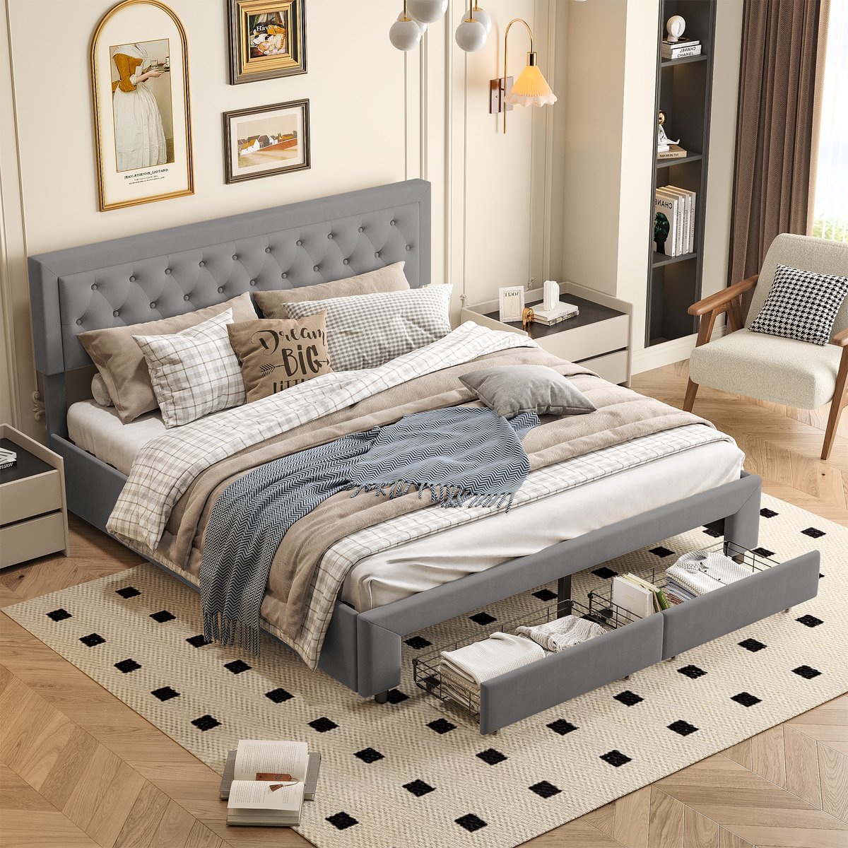 Tweepersoonsbed 160x200 cm, volwassen bed met opbergruimte en gecapitonneerd hoofdbord, opbergbed, fluweel, grijs, zonder matras