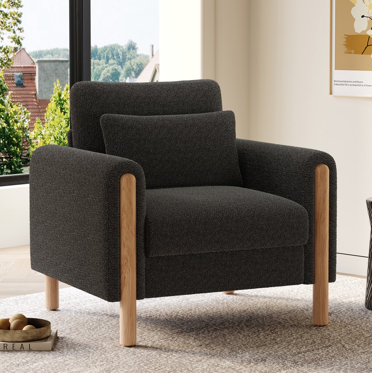 REDOM - Fauteuil - Niet verstelbaar - Armleuningen - Afneembaar zitkussen - Moderne stijl - Woonkamer, slaapkamer of kantoor - Teddy stof - Donkergrijs - 87 x 83 x 88,5 cm