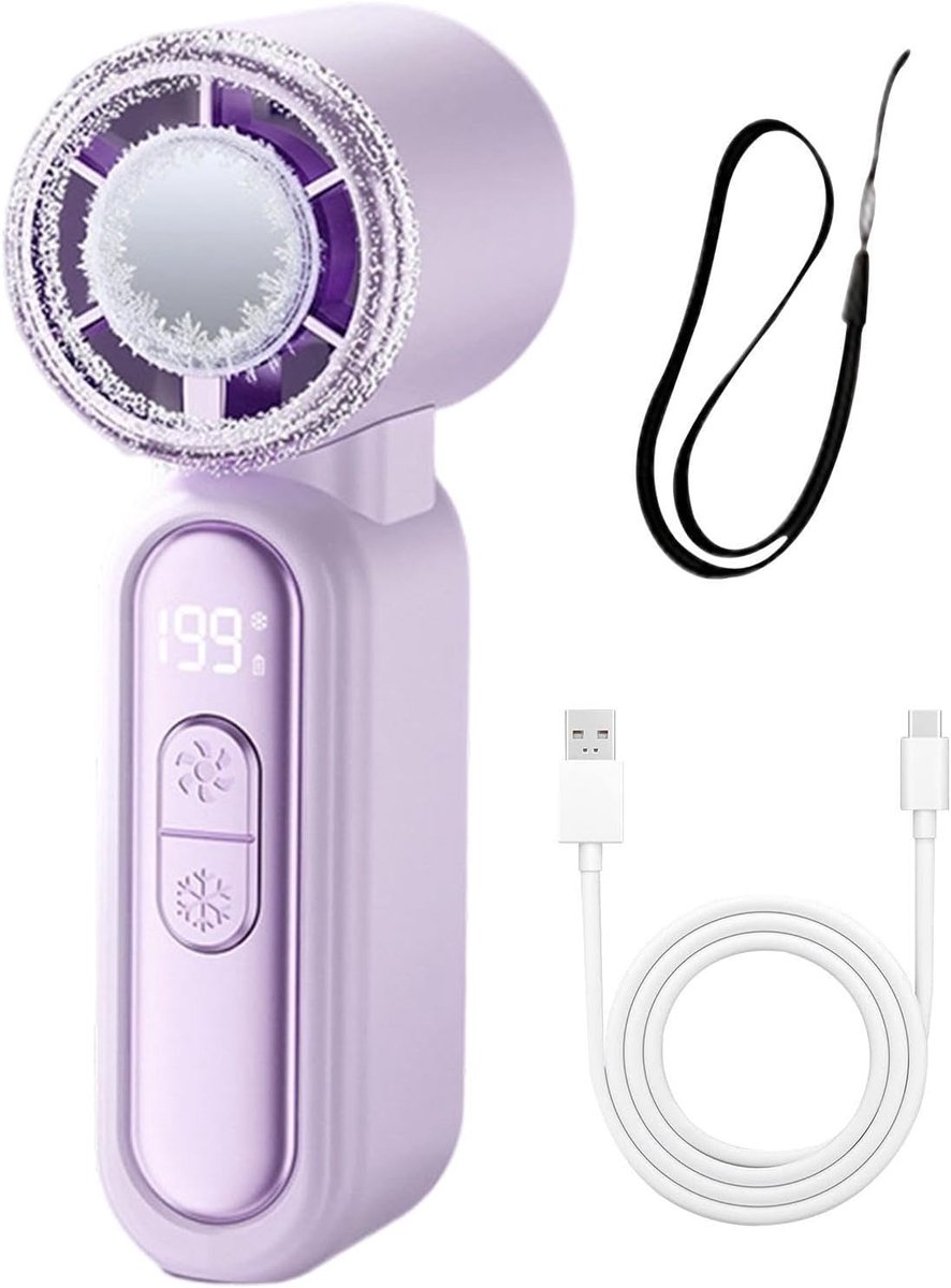 Mini Ventilator Draagbaar - Handventilator met IJs Koeling - Semiconductor Koeling - Oplaadbaar USB - Stil & Krachtig - 199 Standen - Compacte Zakventilator voor Reizen, Festival, Kantoor & Thuis - stille motor - Draagbare ijsventilator - Paars