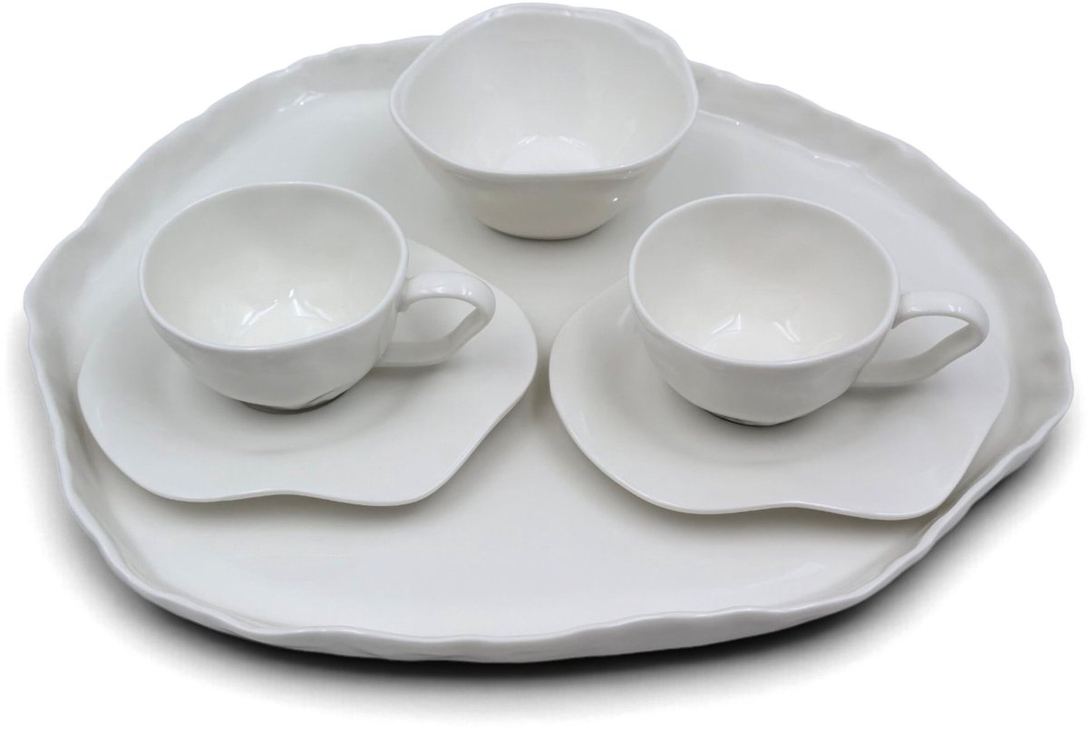Bricard Belley - Ontbijtset - 6-delig - 2-Persoons - Koffiekopjes, Kom & Dienblad - Wit - Porselein