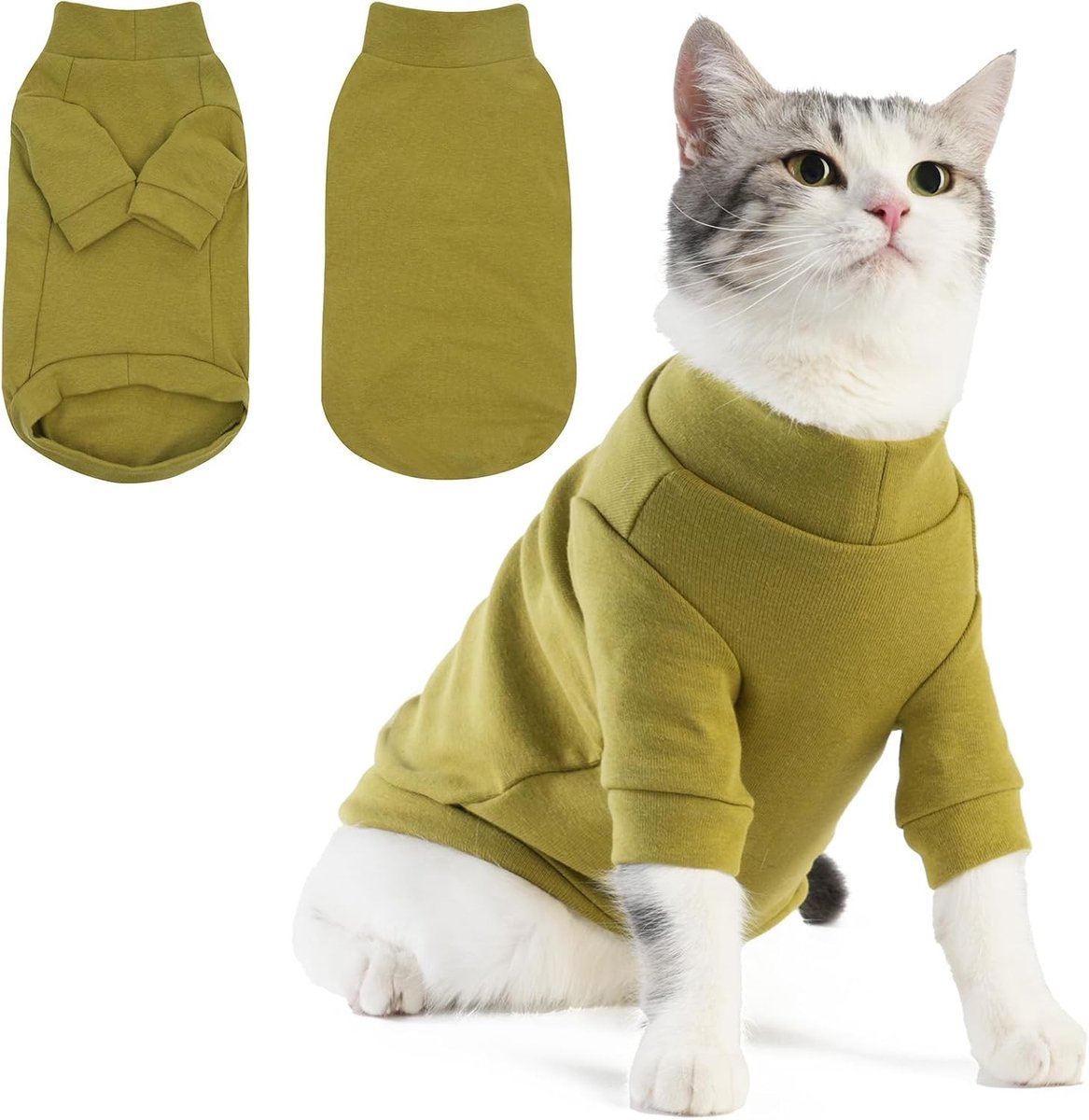 Warme Fleece Trui voor Katten - Winterjas voor Huiskatten - Lange Mouwen Pyjama's - Ideaal voor Naaktkatten - Olive Groen, M