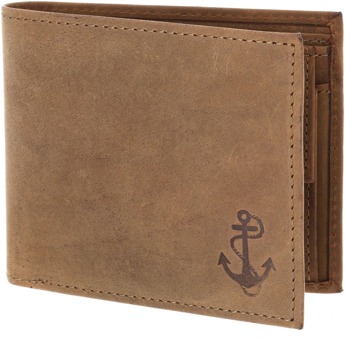oxmox Leren portemonnee Leather RFID Protect Querscheinbörse Freedom Anchor Embossed Vintage Light Brown bruine