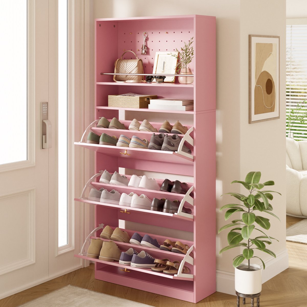 DESMIU Schoenenkast - Smal Ontwerp Met 3 Klepvakken En Open Opbergruimte - Voor Hal En Entree - Spaanplaat - 80x24x178,5 Cm - Roze