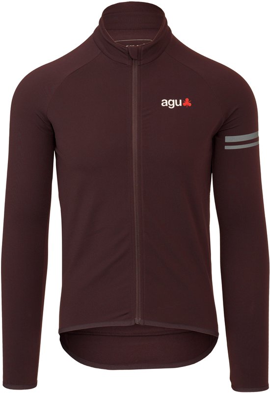 Bruin thermisch fietsshirt met lange mouwen, Agu logo op de borst en reflecterende strepen op de mouw.