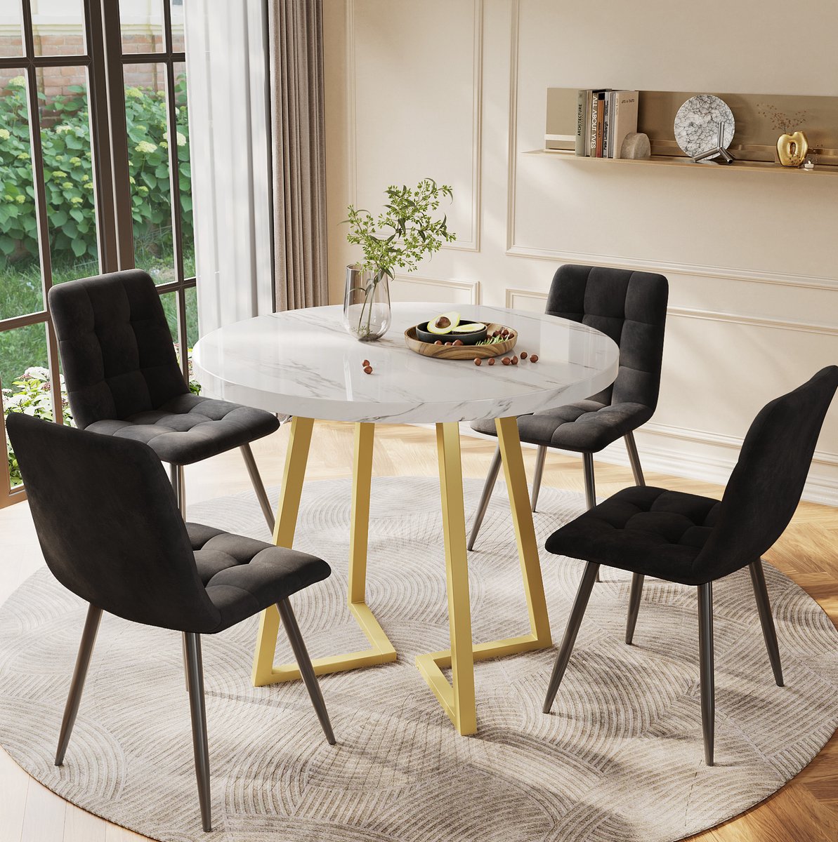 Wishdor 5-delige eetset - Ronde eettafel met 4 stoelen - Moderne keuken en eetkamer - Witte MDF tafelblad gouden metalen poten - Zwarte fluwelen stoelen - Ø 80 x 75 cm