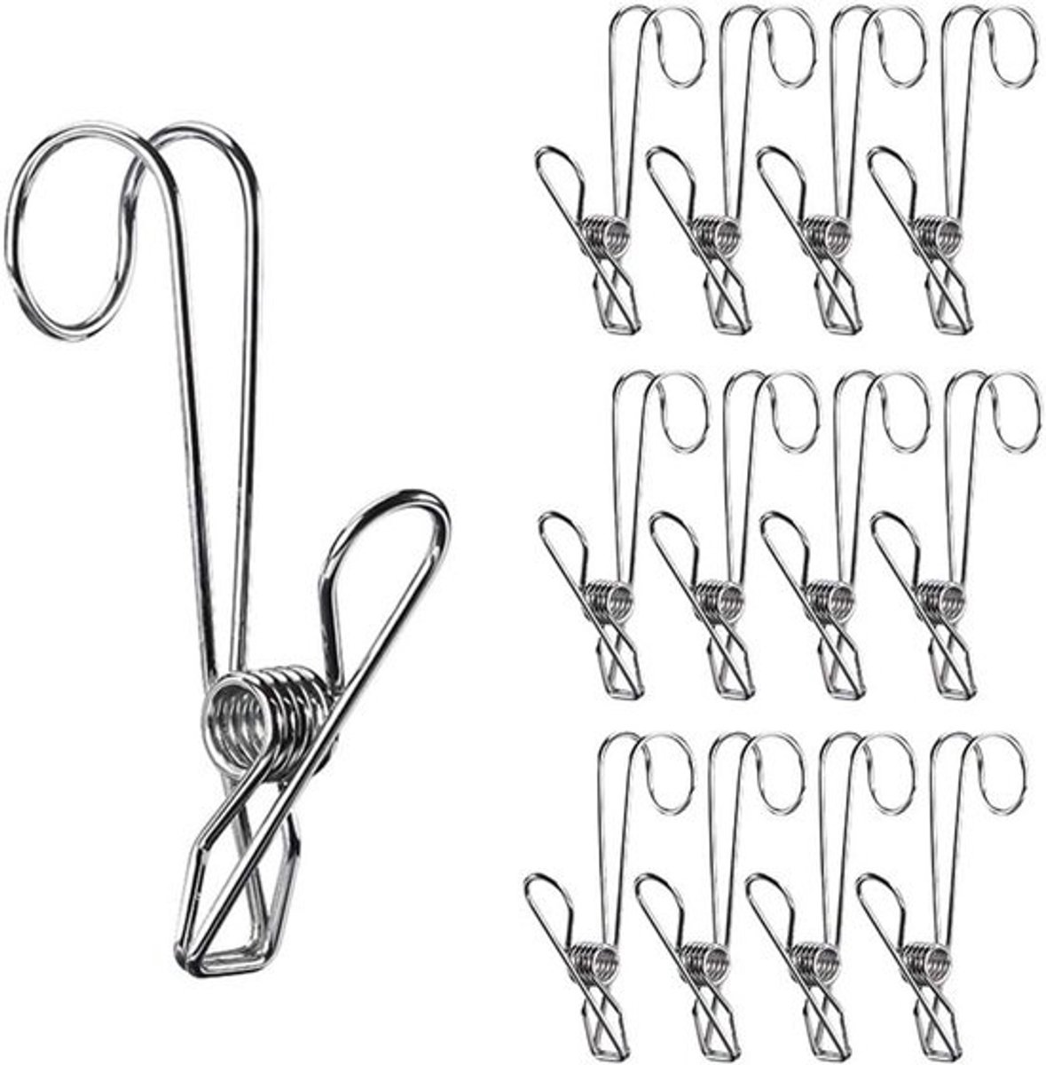 Wasknijpers met haken - Metalen clips - Ophangen en organiseren - Duurzaam roestvrij staal - 95 cm lengte - Zilver