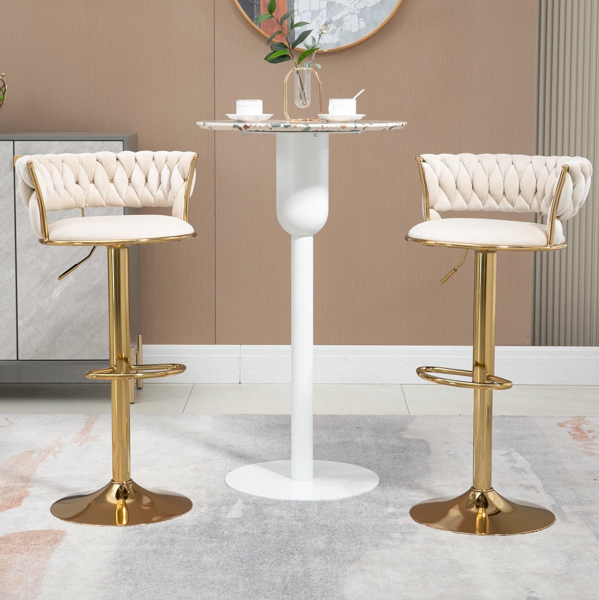 Wishdor Barkruk set van 2 - 360° draaibaar en in hoogte verstelbaar - Met rugleuning en zachte zitting - Velvet - Ivoor - Houten frame - 54 x 46 x 97 cm