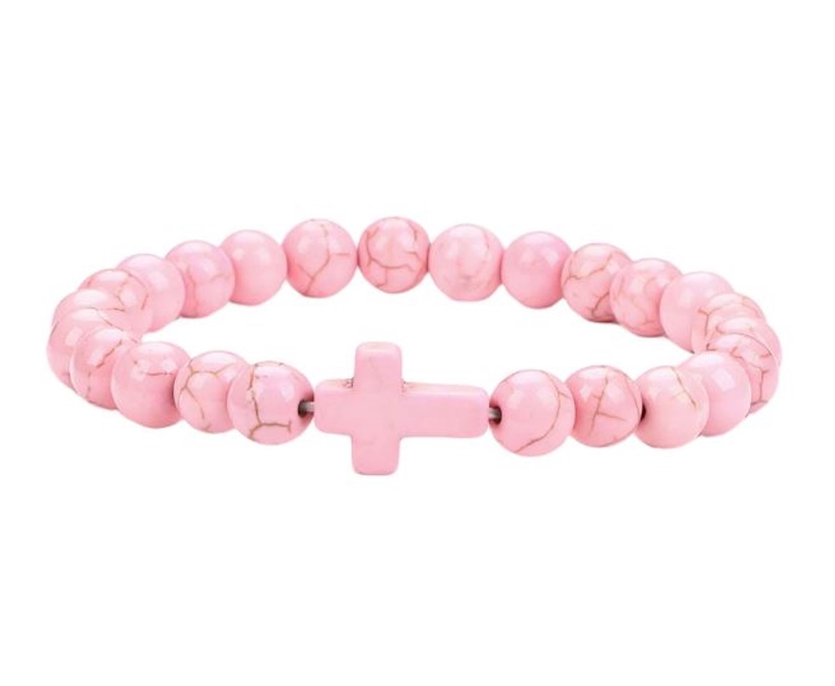 Kruis armband heren dames - kralen armband - Jezus - Christelijk - bijbel kralen Roze - 20 cm