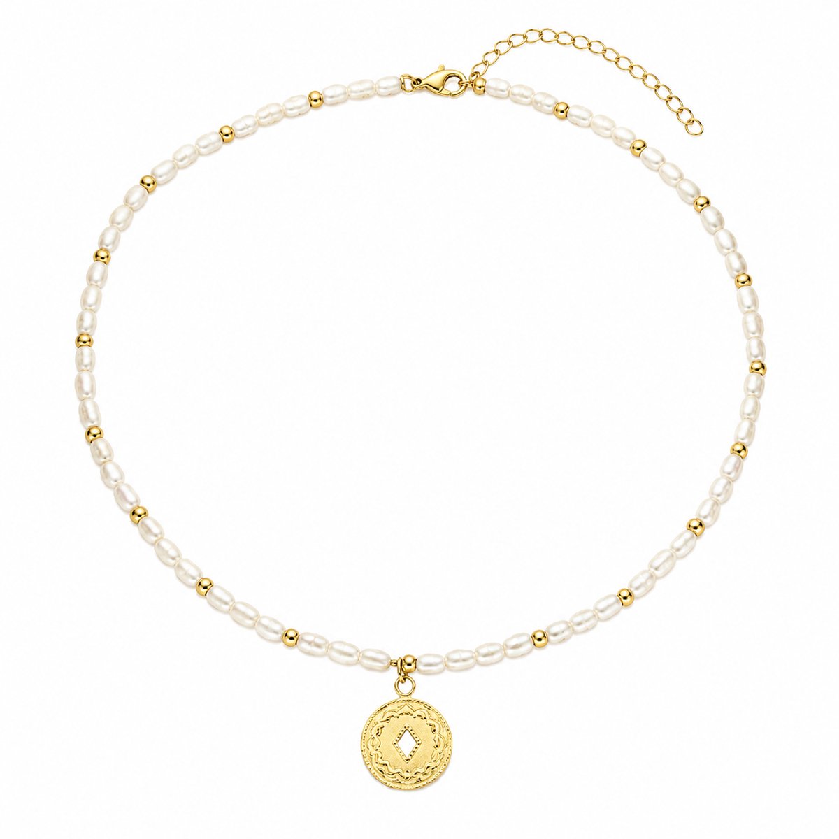 Victorious Goudkleurige Ketting Dames – Parelketting met Ronde Hanger – RVS en Zoetwaterparels – 39–44 cm