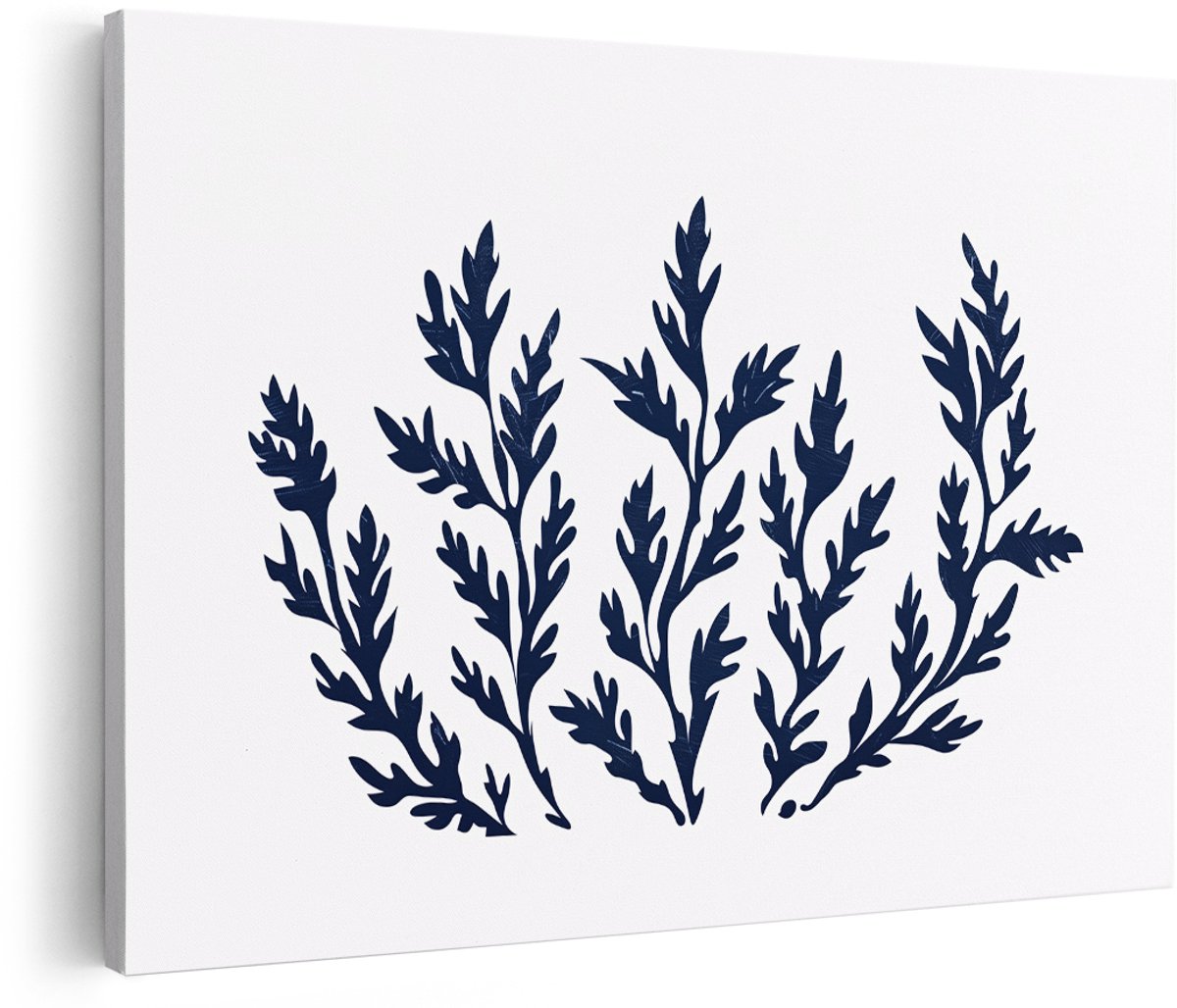 Artaza Canvas Schilderij Botanisch - 180x120 cm - Groot - Wanddecoratie Japandi Bladeren - Muurdecoratie Planten - Decoratie Blauw Minimalistisch