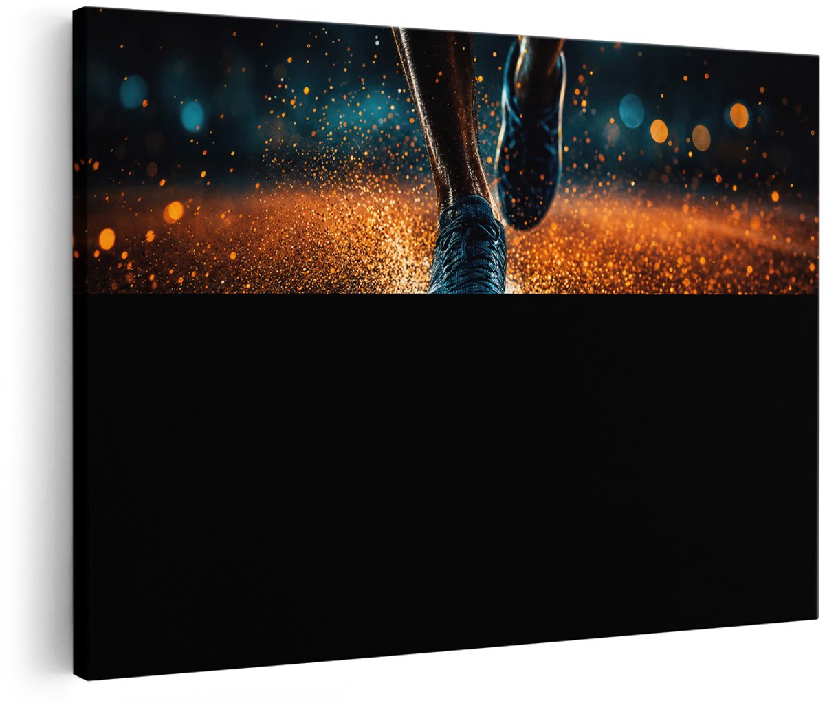 Artaza Canvas Schilderij Dynamische Hardloper - Futuristische Sportactie In Blauw En Oranje - 180x120 cm - Groot - Wanddecoratie Woonkamer - Schilderijen - Muurdecoratie