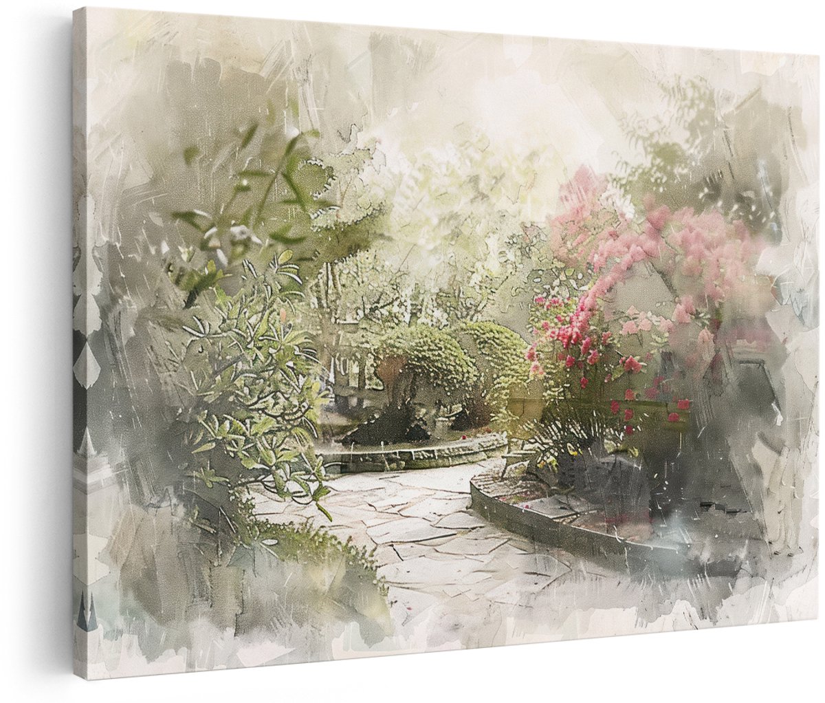 Artaza Canvas Schilderij Tuin - 180x120 cm - Groot - Wanddecoratie Landelijk - Muurdecoratie Bloeiende Struiken - Decoratie Natuur Roze - Schilderijen Op Canvas