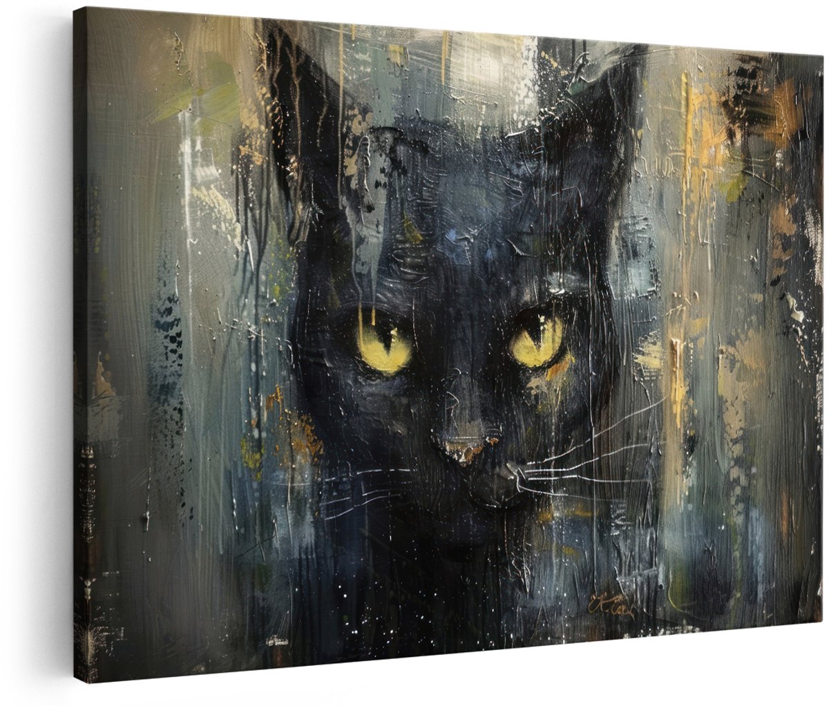 Artaza Canvas Schilderij Zwarte Kat - 180x120 cm - Groot - Wanddecoratie Abstract - Muurdecoratie Dieren - Decoratie Gele Ogen - Schilderijen Op Canvas