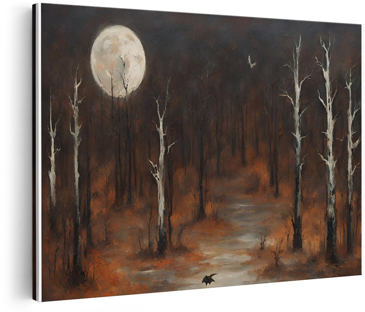 Artaza Canvas Schilderij Spookbos - 180x120 cm - Groot - Wanddecoratie Volle Maan - Muurdecoratie Vleermuis - Decoratie Nacht - Schilderijen Op Canvas